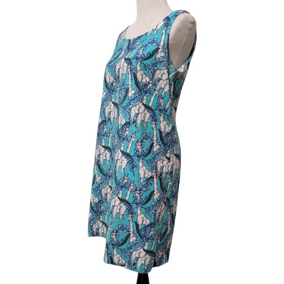 Talbots Womens Size 6 Teal Blue Giraffe Print Tie Back Sleeveless Sheath Dress - Picture 3 of 8